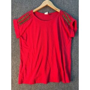 Akemi + Kin Red Beaded Shoulder Cotton Knit Top Short Sleeve Boho‎ Small